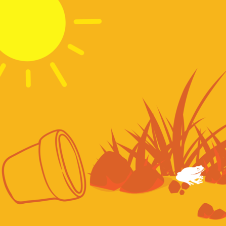 A graphic showing a bright sun in the corner, a plant pot on its side next to long grass and rocks. A frog is sat in the long grass. It depicts a messier garden